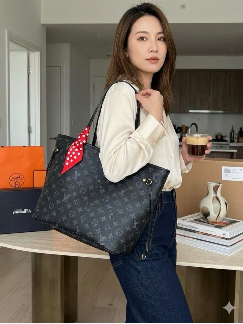 Black Monogram Pattern Tote Bag with Dark Leather Handles